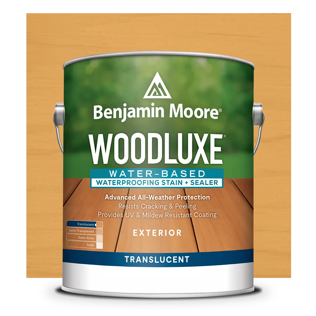 Un recorte de lata de Woodluxe® Tinte para exteriores al agua Traslúcido sobre un fondo ES-10} natural.