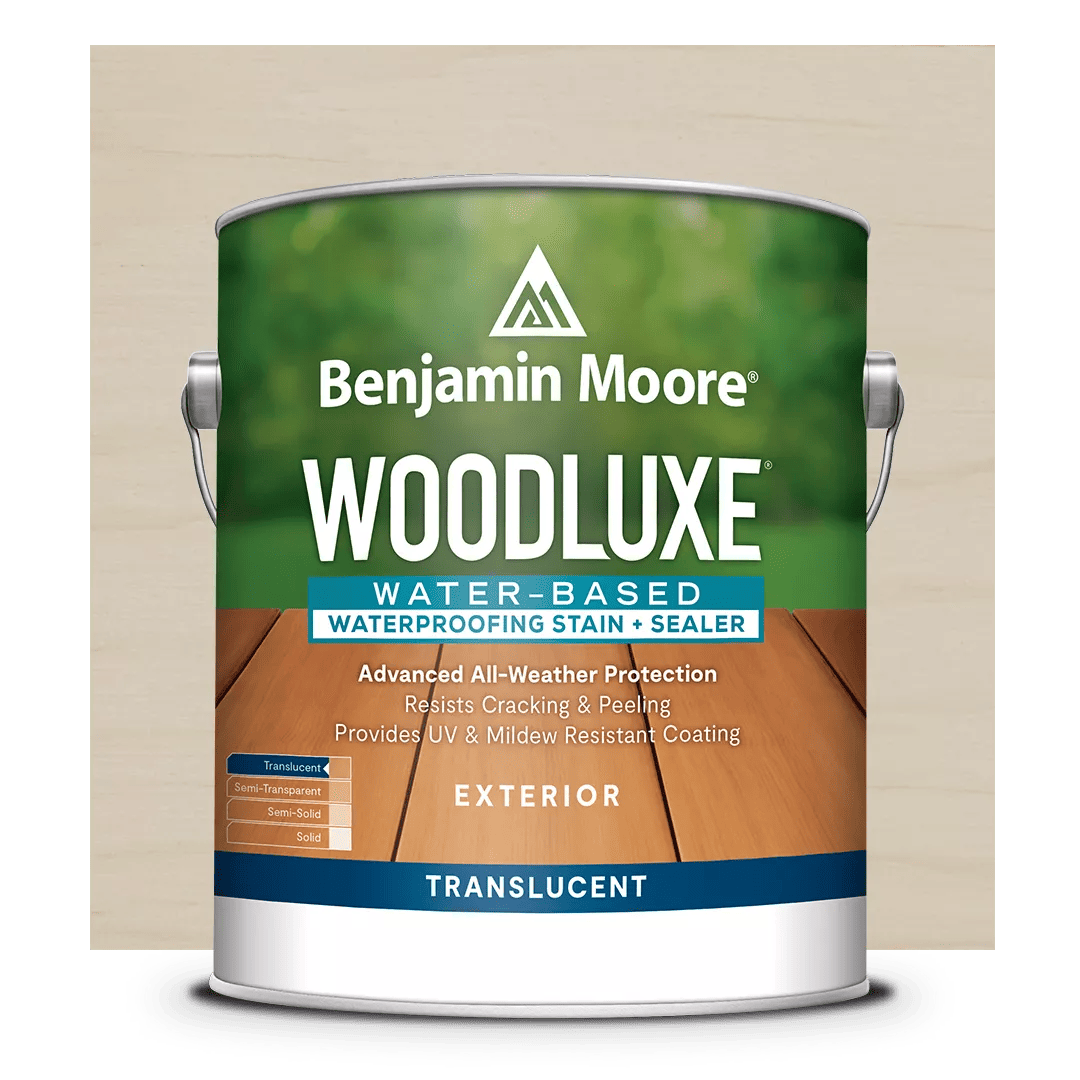 Un recorte de lata de Woodluxe® Tinte para exteriores al agua Traslúcido sobre un fondo en Gris Blanquecino ES-78.