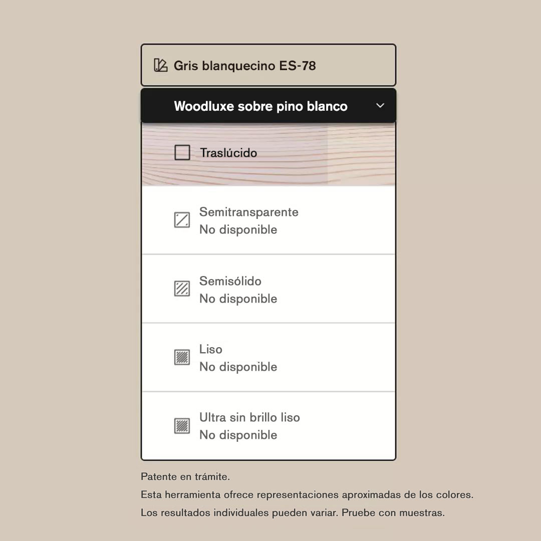 La interfaz de una herramienta de búsqueda de colores de tintes para exteriores, que muestra la disponibilidad de Woodluxe® Tinte para exteriores en Gris Blanquecino ES-78, en diferentes opacidades.