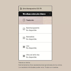 Miniatura de la interfaz de una herramienta de búsqueda de colores de tintes para exteriores, que muestra la disponibilidad de Woodluxe® Tinte para exteriores en Gris Blanquecino ES-78, en diferentes opacidades.