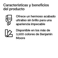 Miniatura: un ícono con dos brochas que indica un acabado ultraliso sin brillo hermoso, y un ícono de muestrario abanico de colores que indica disponibilidad en más de tres mil quinientos colores de Benjamin Moore.