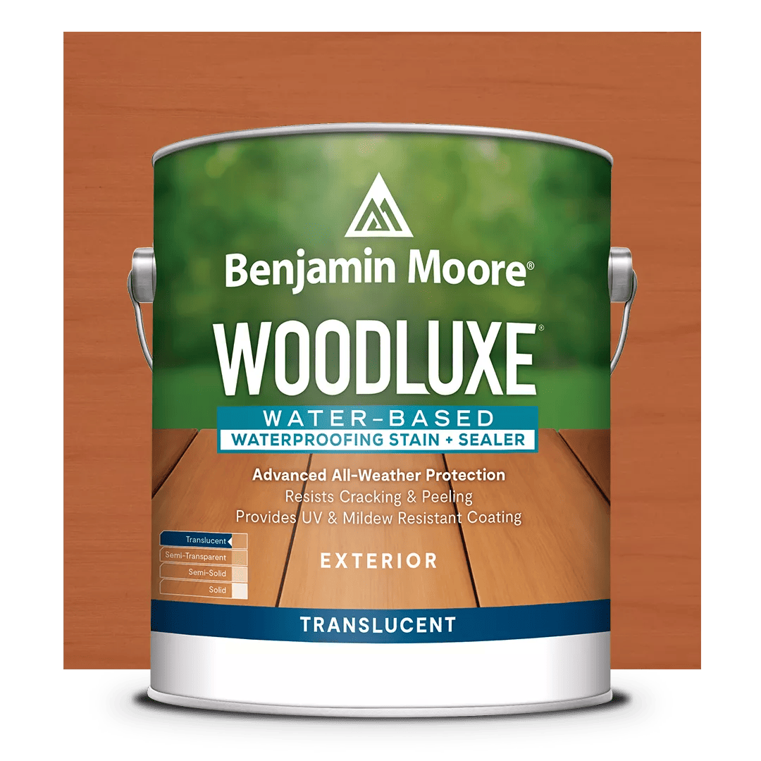 Un recorte de lata de Woodluxe® Tinte para exteriores al agua Traslúcido sobre un fondo en Caoba ES-60.