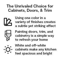 Icon indicates using one color in multiple finishes for a striking effect; a two paintbrush icon indicates painting doors, trim, and cabinetry; and a circle with outer dots icon indicates brightness of white and off-white cabinets in a room thumbnail