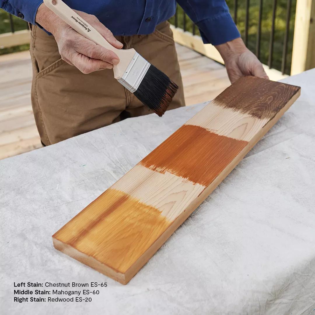 Woodluxe Exterior Stain Sample on White Pine in Chestnut Brown ES-65, Mahogany ES-60, and Redwood ES-20