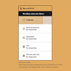 Miniatura de la interfaz de una herramienta de búsqueda de colores de tintes para exteriores, que muestra la disponibilidad de Woodluxe® Tinte para exteriores en Natural ES-10, en diferentes opacidades.