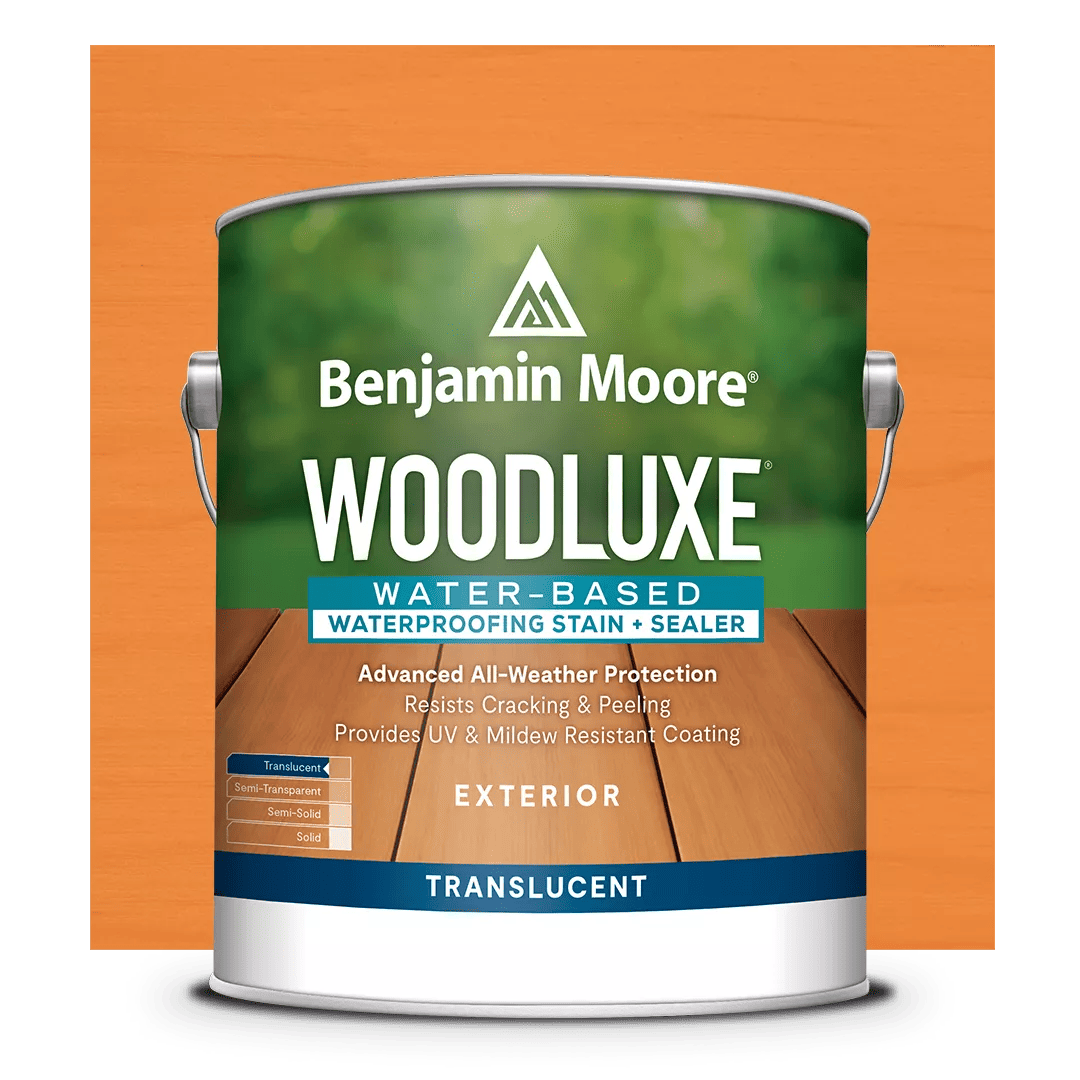 Un recorte de lata de Woodluxe® Tinte para exteriores al agua Traslúcido sobre un fondo en Secoya ES-20.
