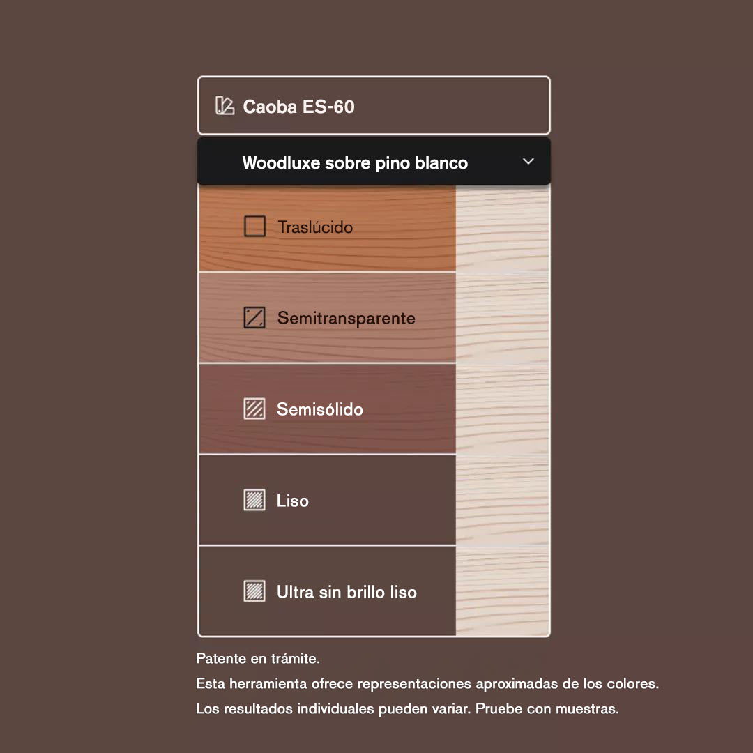 La interfaz de una herramienta de búsqueda de colores de tintes para exteriores, que muestra la apariencia representada de Woodluxe® Tinte para exteriores en Caoba ES-60, en diferentes tipos de madera.