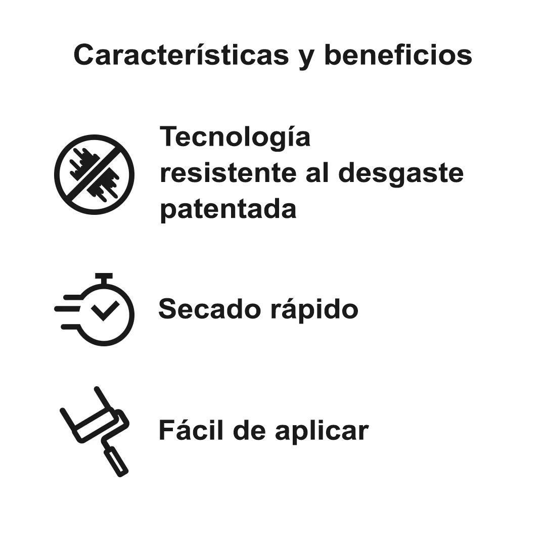 Íconos que indican tecnología patentada resistente a rozaduras, una fórmula de secado rápido y aplicación fácil.