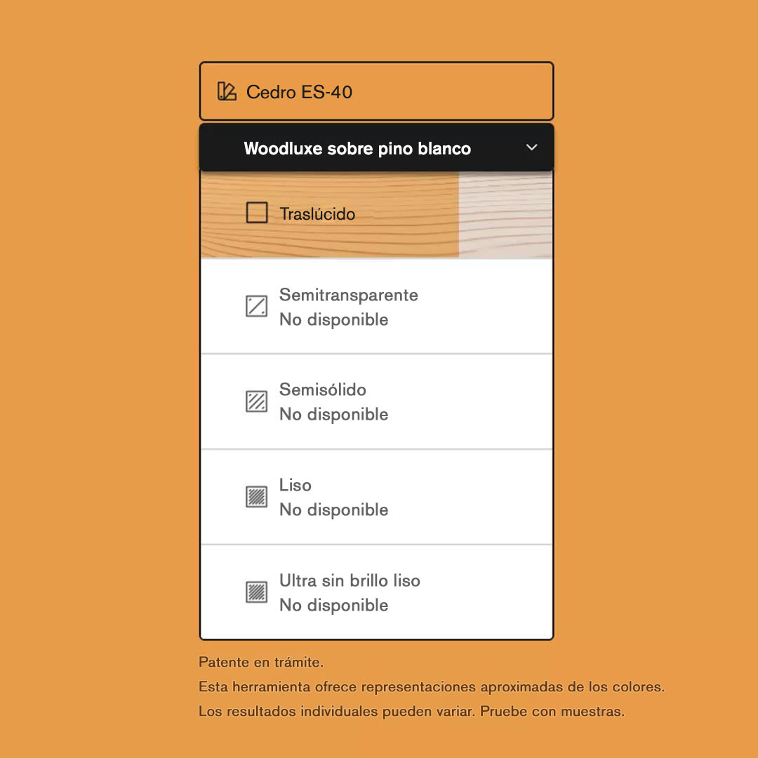 La interfaz de una herramienta de búsqueda de colores de tintes para exteriores, que muestra la disponibilidad de Woodluxe® Tinte para exteriores en Cedro ES-40, en diferentes opacidades.