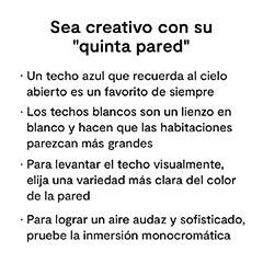 Miniatura: ideas creativas para la quinta pared: un techo pintado con el atemporal y favorito color azul; los techos blancos ofrecen un lienzo vacío y dan una sensación de amplitud en las habitaciones; elija un tono más claro de color de pared e inmersión monocromática.