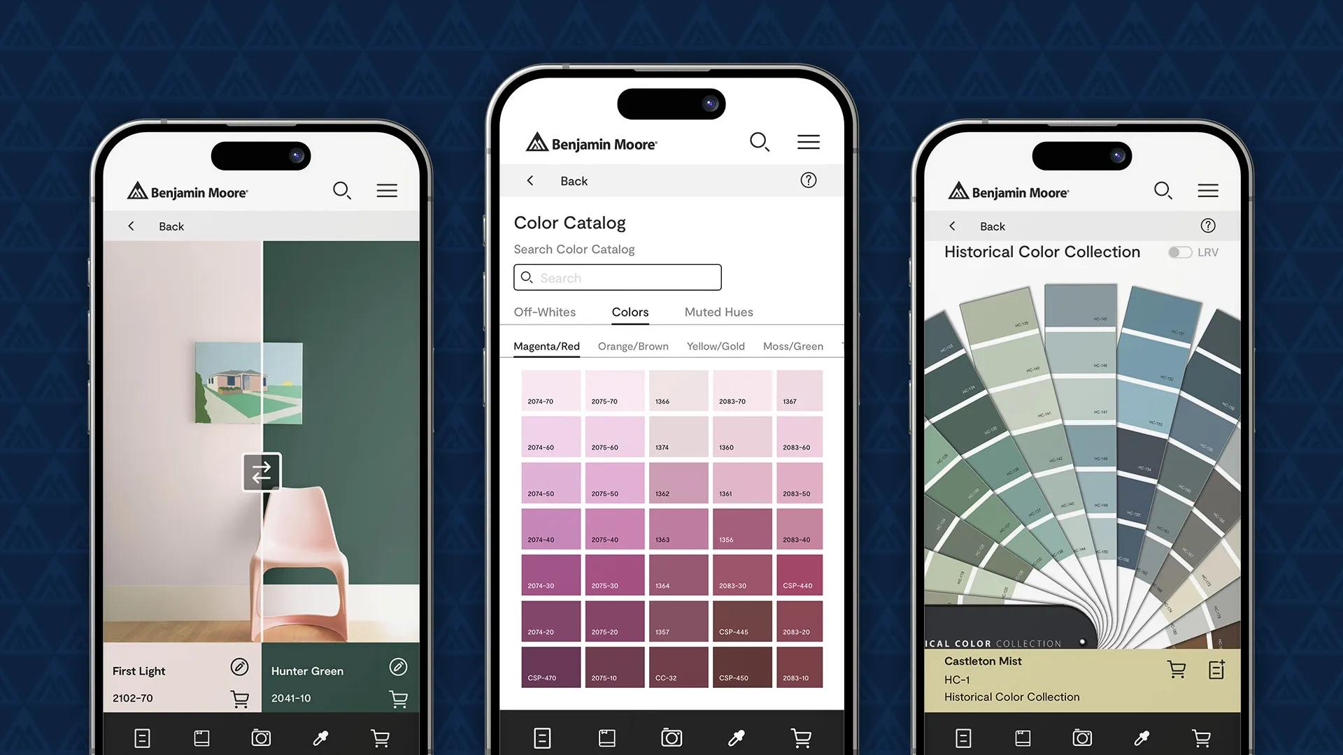 Tres smartphones con imágenes de la aplicación Benjamin Moore Color Portfolio®.