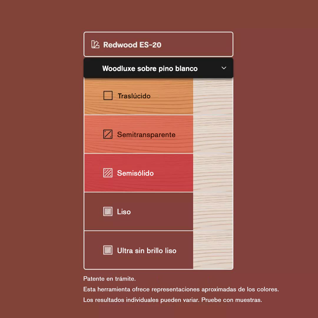 La interfaz de una herramienta de búsqueda de colores de tintes para exteriores, que muestra la apariencia representada de Woodluxe® Tinte para exteriores en Redwood ES-20, en diferentes tipos de madera.