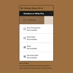 Miniatura de la interfaz de una herramienta de búsqueda de colores de tintes para exteriores, que muestra la disponibilidad de Woodluxe® Tinte para exteriores en Marrón Castaña ES-65, en diferentes opacidades.
