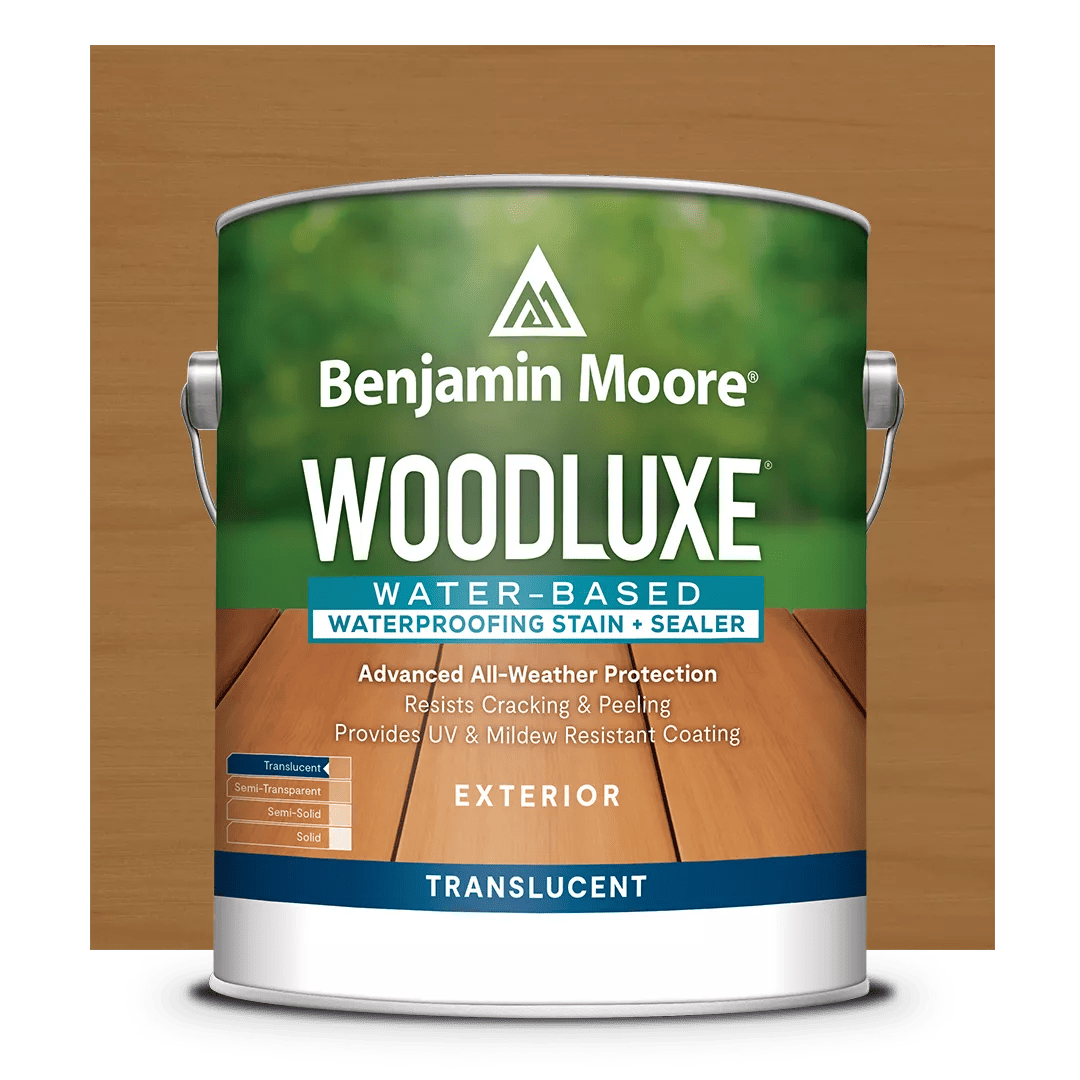 Un recorte de lata de Woodluxe® Tinte para exteriores al agua Traslúcido sobre un fondo en Marrón Castaña ES-65.
