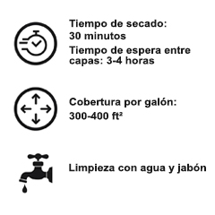 Miniatura: íconos que indican un tiempo de secado de 30 minutos y un tiempo de espera entre capas de 3 a 4 horas, una cobertura de 300 a 400 pies cuadrados y la limpieza.