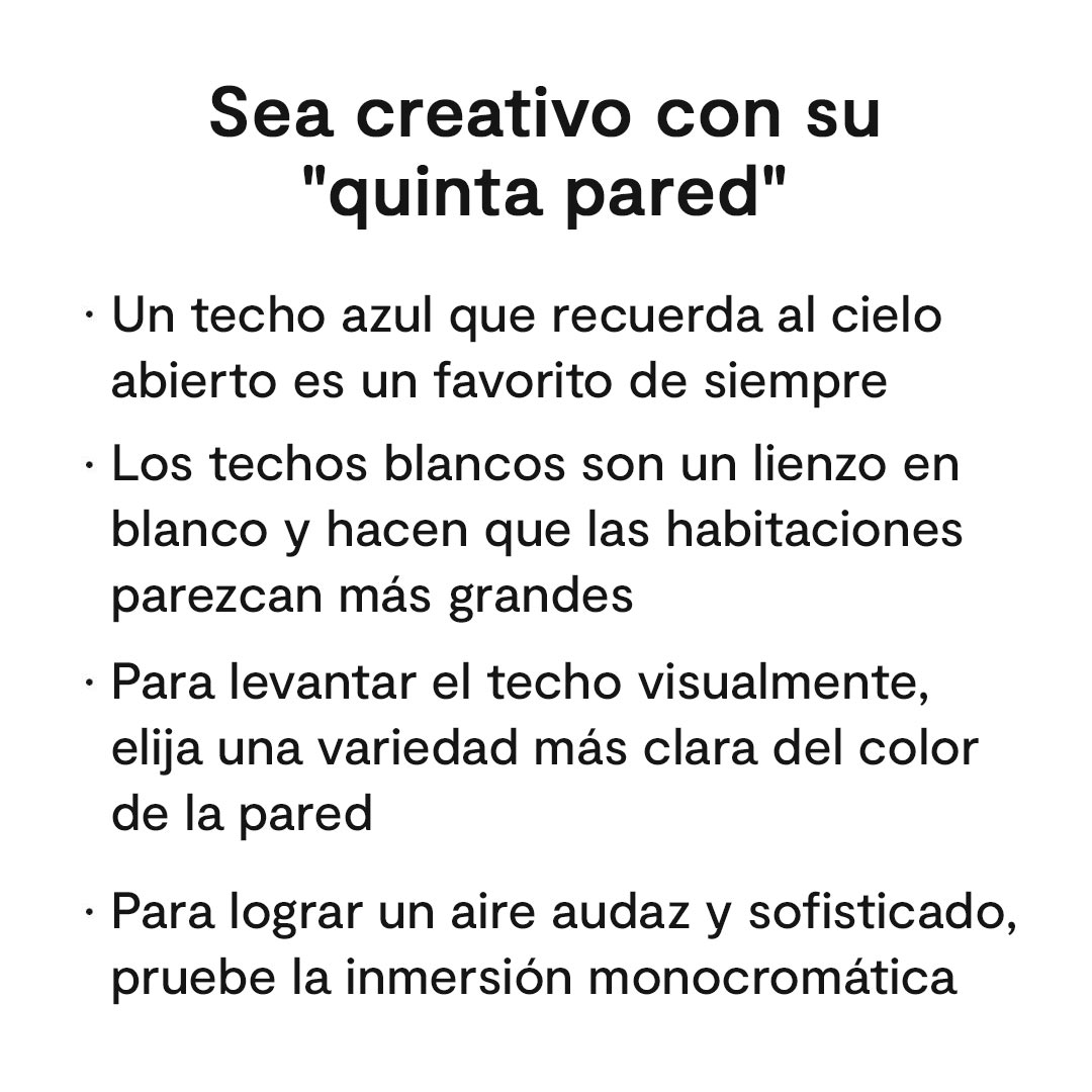 Ideas creativas para la quinta pared: un techo pintado con el atemporal y favorito color azul; los techos blancos ofrecen un lienzo vacío y dan una sensación de amplitud en las habitaciones; elija un tono más claro de color de pared e inmersión monocromática.
