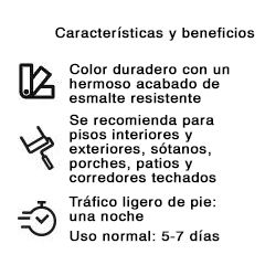 Miniatura: Íconos que indican un color duradero en un acabado de esmalte duro, uso en pisos interiores y exteriores, y tráfico de pie liviano permitido por la noche con un servicio completo en cinco a siete días.