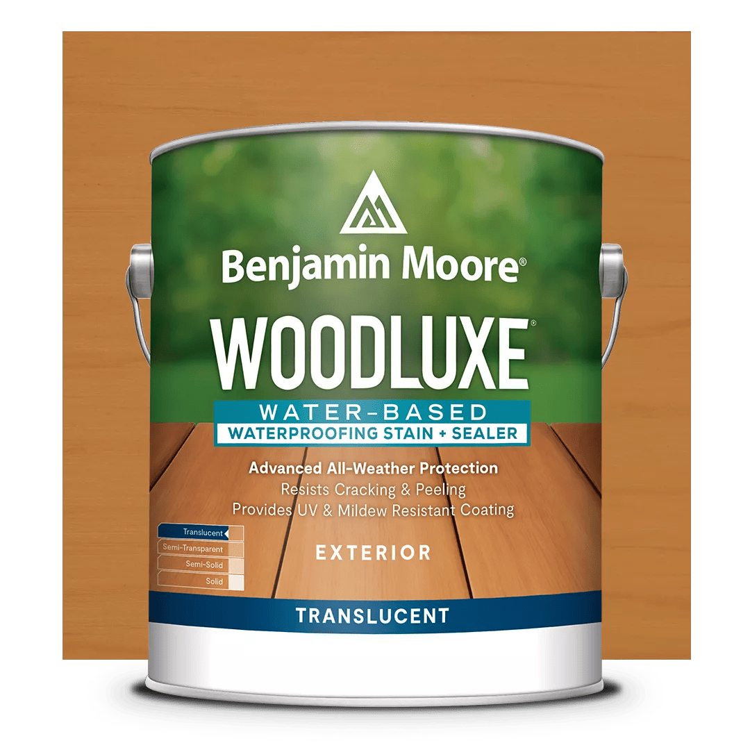 Un recorte de lata de Woodluxe® Tinte para exteriores al agua Traslúcido sobre un fondo en Teca ES-30.