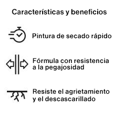Miniatura: Íconos que indican pintura de secado rápido, fórmula con resistencia a la pegajosidad y resistencia al agrietamiento y el descascarillado.