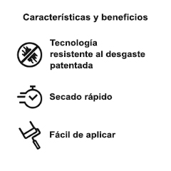 Miniatura: Íconos que indican tecnología patentada resistente a rozaduras, una fórmula de secado rápido y aplicación fácil.
