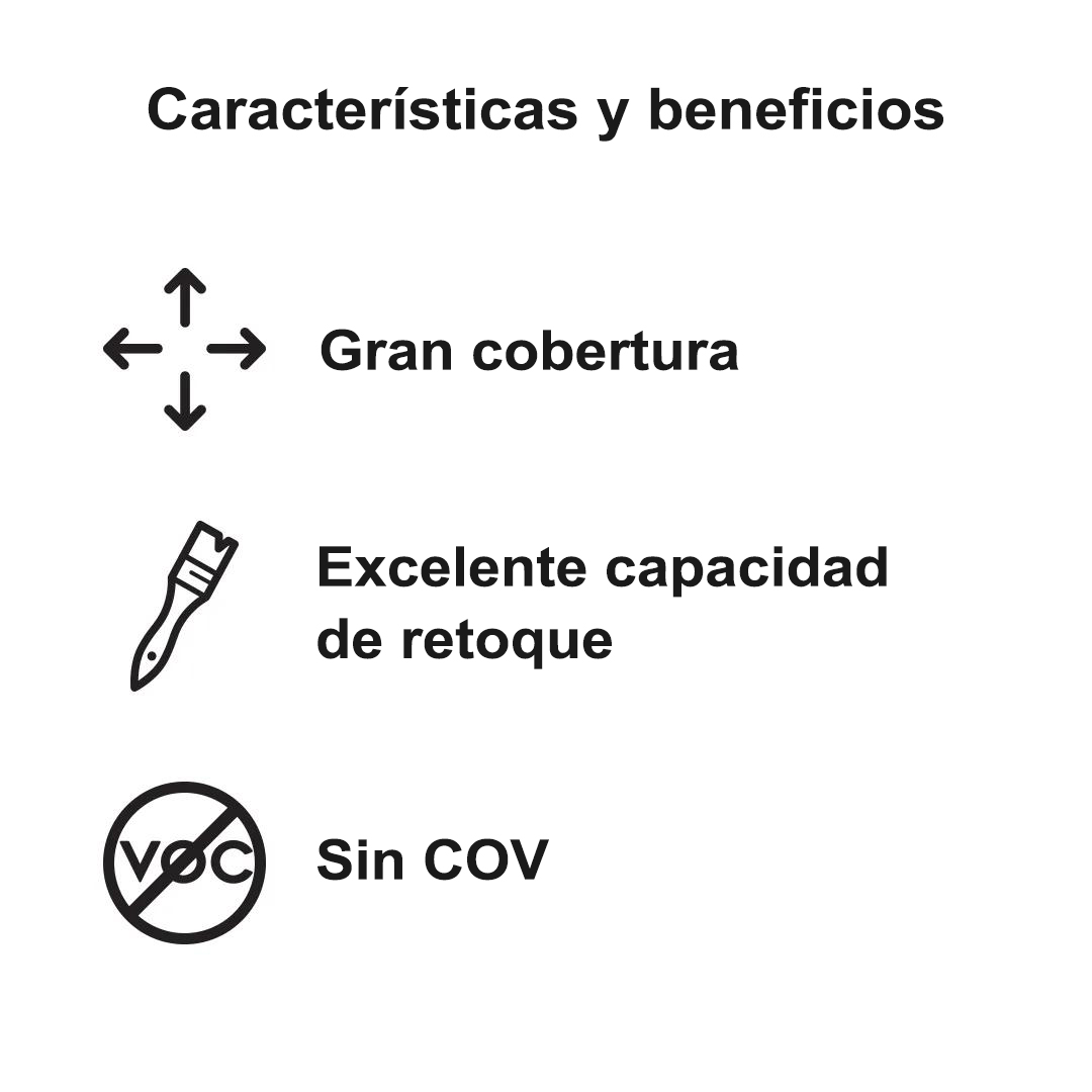 Íconos que indican una gran cobertura, un retoque excelente y la ausencia de compuestos orgánicos volátiles.