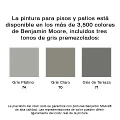 Miniatura: Benjamin Moore para piso y patio, disponible en más de tres mil quinientos colores de pintura, incluye grises premezclados: Gris Platino, Gris Claro y Gris de Terraza.